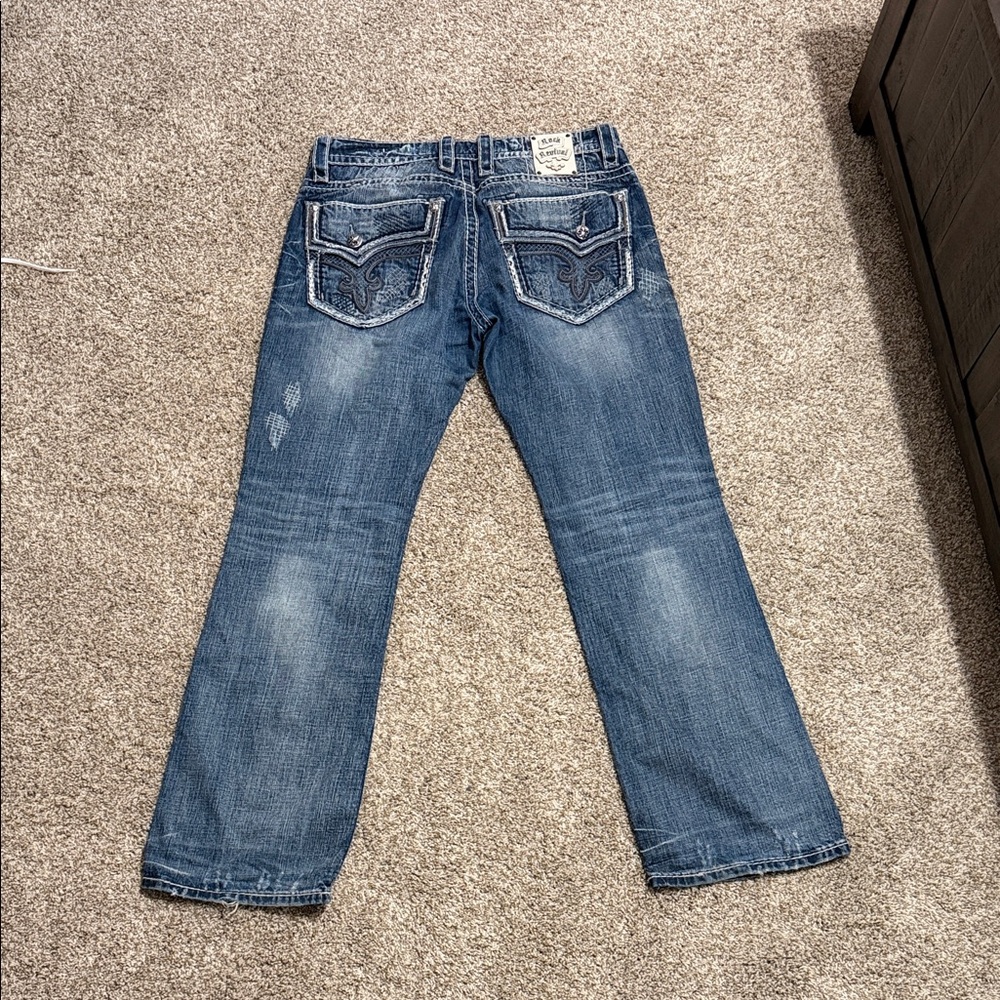 Rock Revival Men's Blue Bootcut Jeans with Embroidered Back Pockets